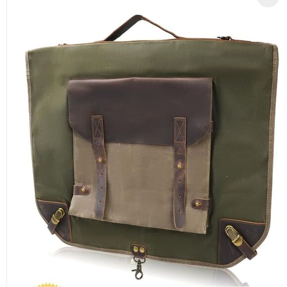 Waxed Canvas Leather Suit Luggage Garment Bag army green color - Picture 1 of 11